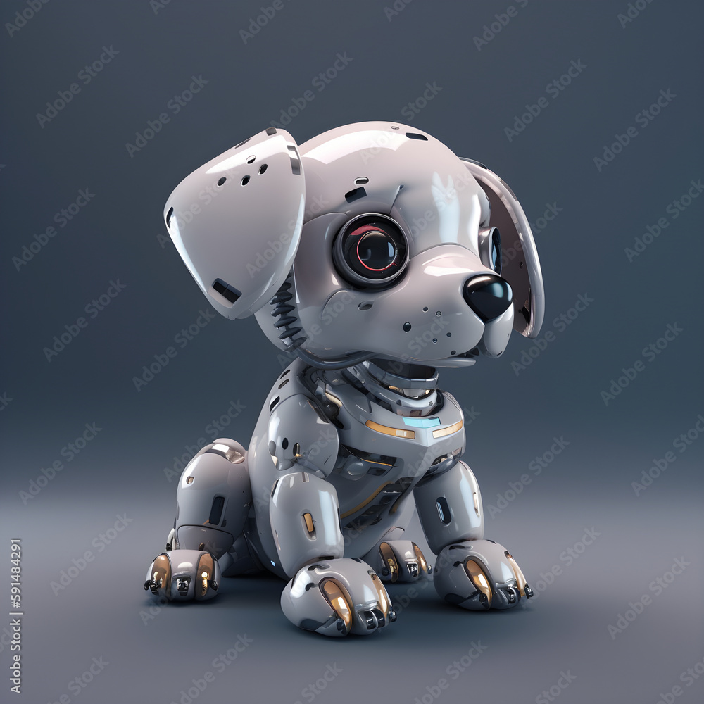 Cute robot puppy machine character. Electronic interactive toy, robot dog isolated on a grey background. High technology concept, pet of the future, electronic home. Generative AI Cute robot puppy machine character. Electronic interactive toy, robot dog isolated on a grey background. High technology concept, pet of the future, electronic home. Generative AI