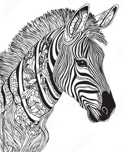 Hand drawn vector coloring page of zebra. Coloring page for kids and adults. Print design  t-shirt design  tattoo design  mural art  mandala art.
