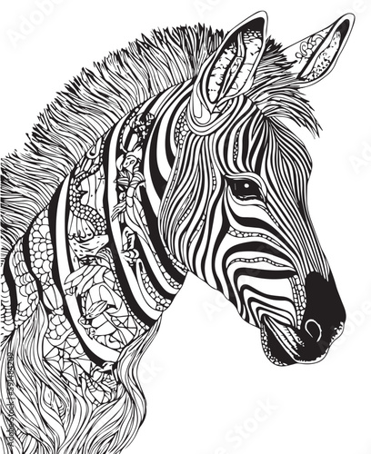Hand drawn vector coloring page of zebra. Coloring page for kids and adults. Print design, t-shirt design, tattoo design, mural art, mandala art.