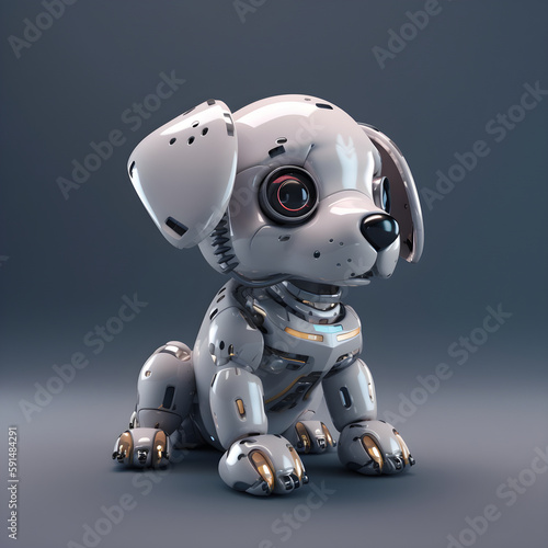 Cute robot puppy machine character. Electronic interactive toy, robot dog isolated on a grey background. High technology concept, pet of the future, electronic home. Generative AI © V-anila