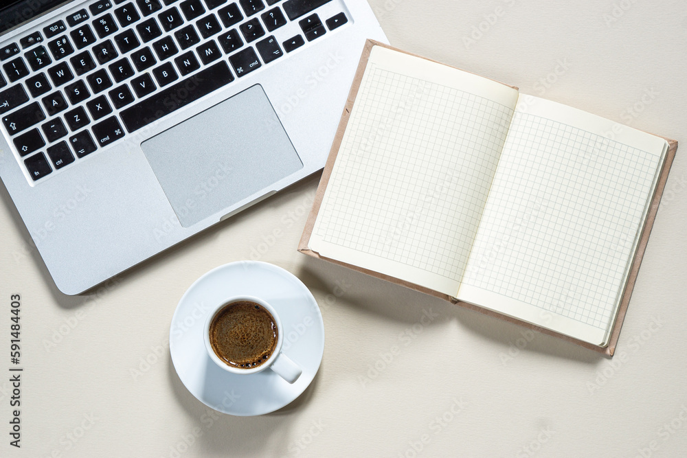 bright feminine banner or header with a coffee, stylish workspace with laptop computer, modern office accessories and a small notebook on a blush table, top view, flat lay bright feminine banner or header with a coffee, stylish workspace with laptop computer, modern office accessories and a small notebook on a blush table, top view, flat lay
