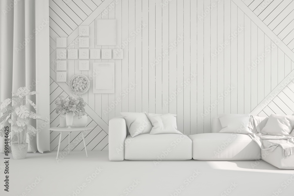 Grey living room concept with sofa. 3D illustration Grey living room concept with sofa. 3D illustration