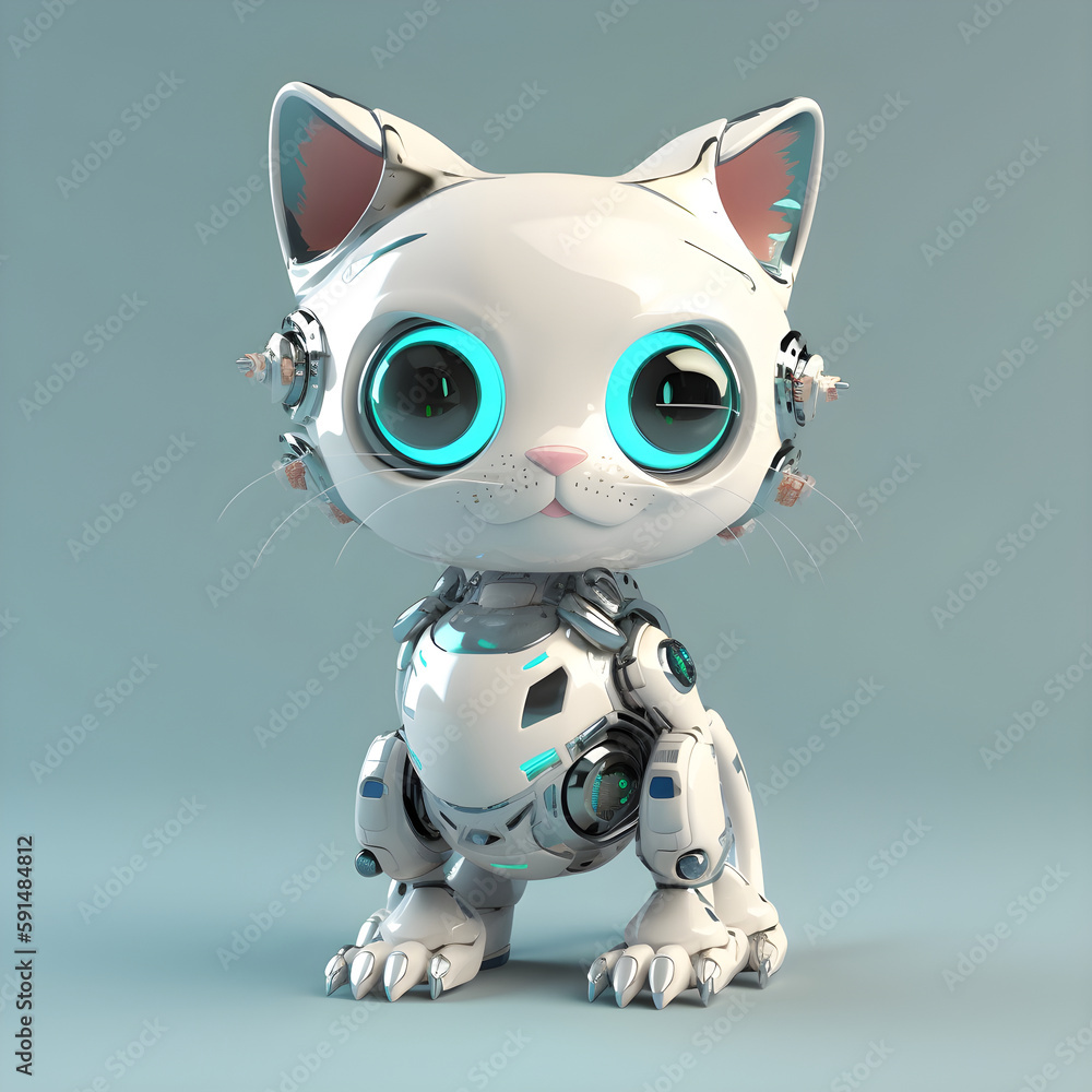 Cute robot kitten machine character. Electronic interactive toy, robot cat isolated on a light blue background. High technology concept, pet of the future, electronic home. Generative AI Cute robot kitten machine character. Electronic interactive toy, robot cat isolated on a light blue background. High technology concept, pet of the future, electronic home. Generative AI