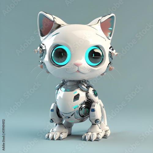 Cute robot kitten machine character. Electronic interactive toy  robot cat isolated on a light blue background. High technology concept  pet of the future  electronic home. Generative AI