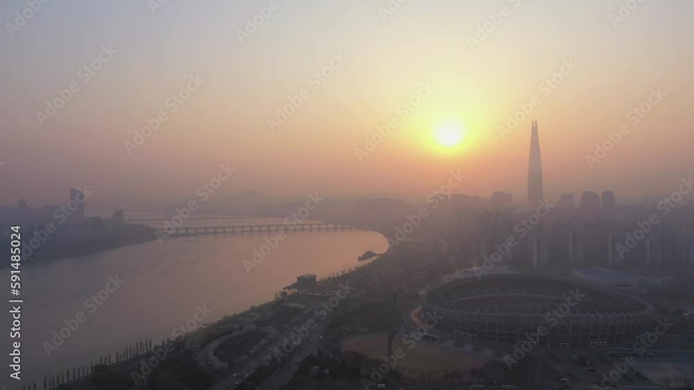 Drone View of Seoul city in South Korea, Sunrise in Gangnam City Drone View of Seoul city in South Korea, Sunrise in Gangnam City