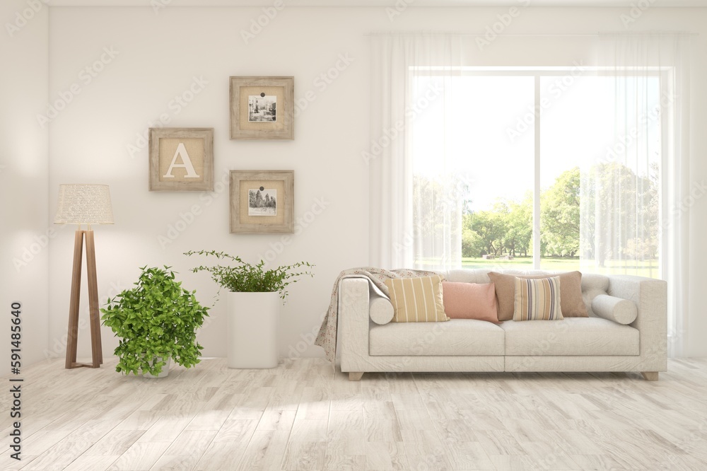 Modern interior concept with sofa and summer landscape in window. 3D illustration Modern interior concept with sofa and summer landscape in window. 3D illustration