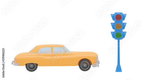 Set of 3d realistic car, keys, car, and traffic light isolated on white background. 3d rendering