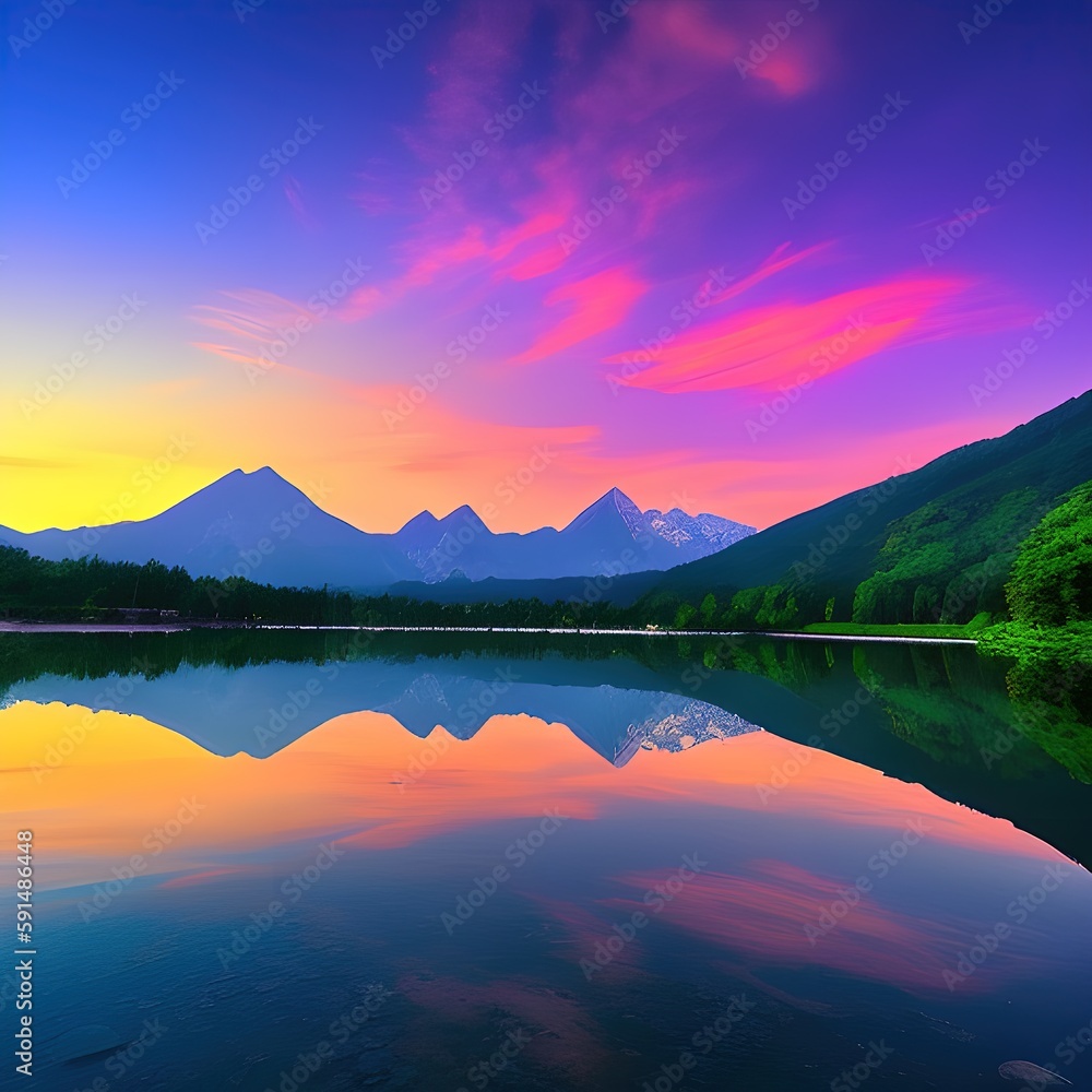 Mountain and lake landscape in sunset - generative ai