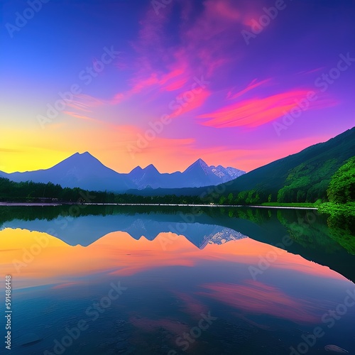 Mountain and lake landscape in sunset - generative ai