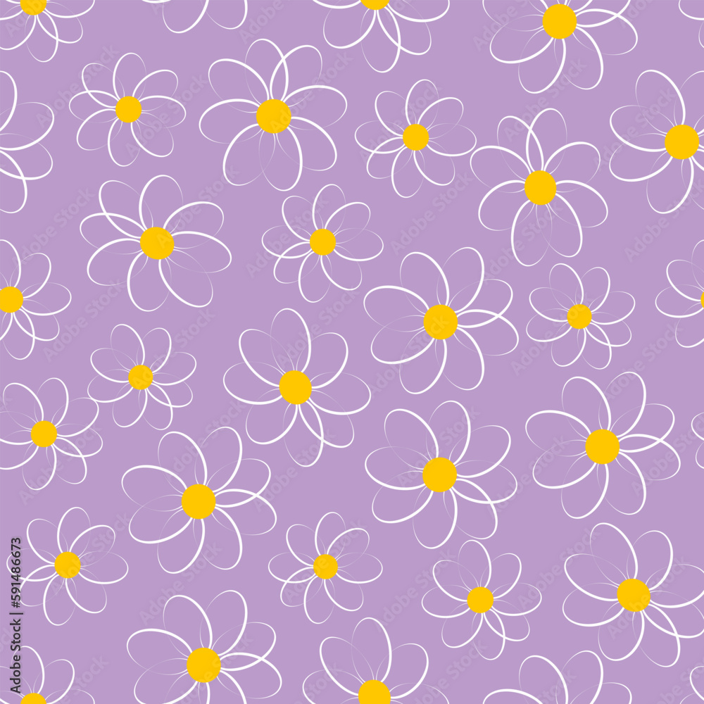 Vector seamless floral pattern with white chamomiles on purple background in cartoon style. Vector floral background with daisy flowers for summer design