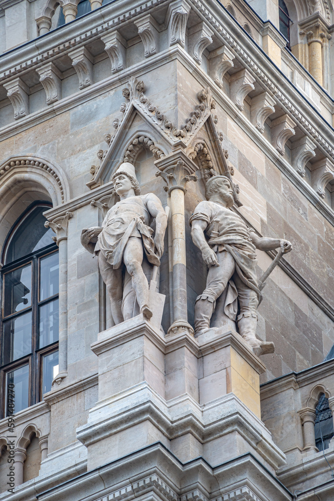 Vienna, Austria - Main facade of City Hall, old Rathaus, in Vienna with many figures, art and sculptures