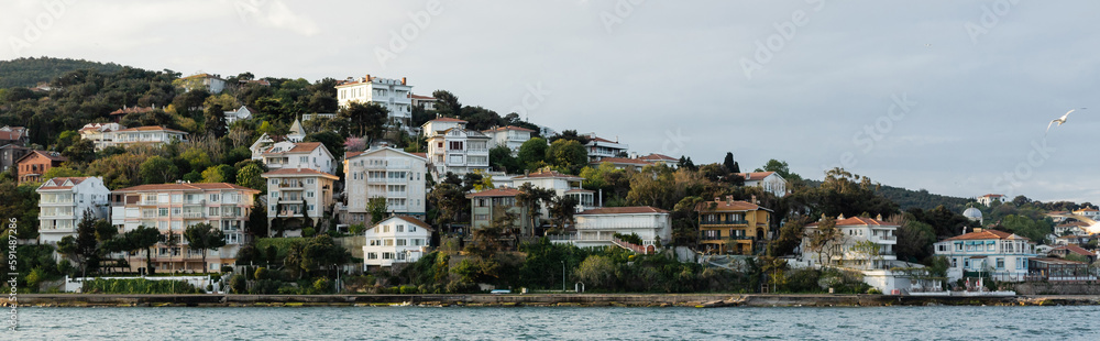 gull flying above blue sea near different houses on coast of Istanbul, banner.