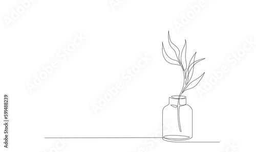 One continuous line drawing of Eucalyptus branch in vase. Single line drawing in scandinavian line art style. Editable stroke outline silhouette of beautiful flower. Modern Vector drawing with leaves
