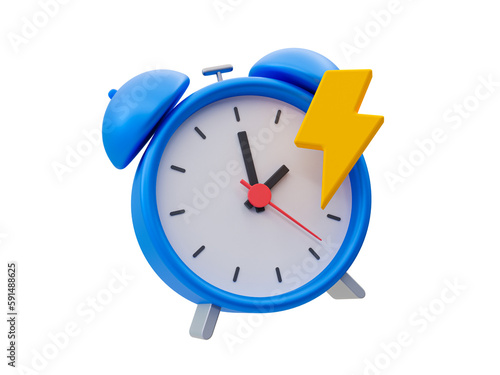3d minimal quick time concept. urgent work. fast service. alarm clock with thunder icon. 3d illustration.