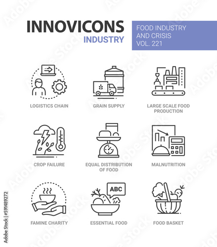 Food industry and crisis - line design style icons set