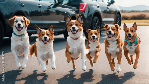 group of happy dogs jumping two black cars ans road in background, generative AI photo
