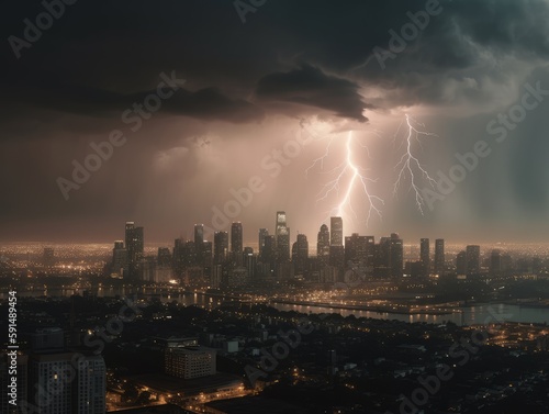 A powerful thunderstorm brewing over a city skyline