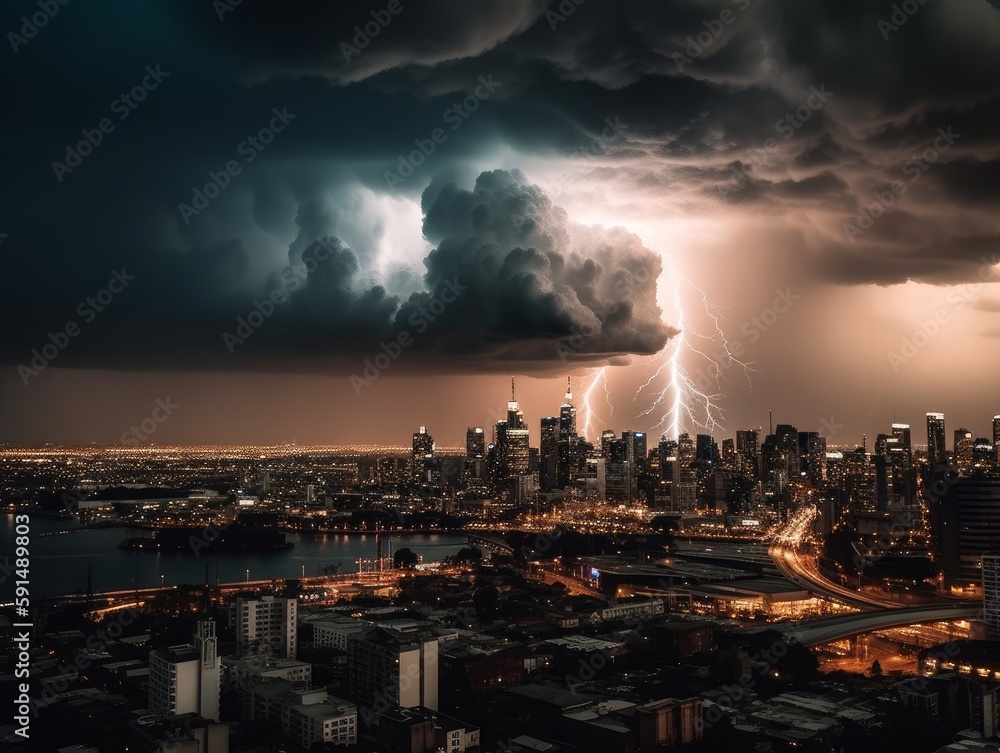 A powerful thunderstorm brewing over a city skyline