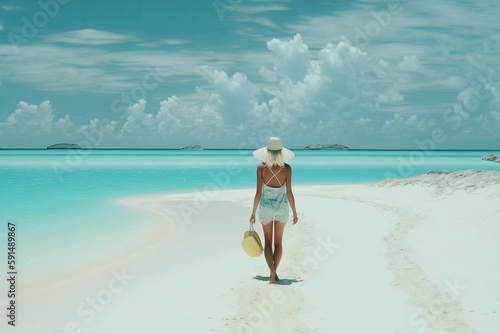 A beautiful girl is walking on the white sand of a tropical island.Sea vacation. Rear view of young woman walking away on beautiful tropical white sand beach. Generative AI