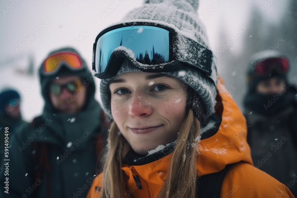 smile young adult people with snow in the winter making winter sports like snowboarding and skiing. Generative AI smile young adult people with snow in the winter making winter sports like snowboarding and skiing. Generative AI