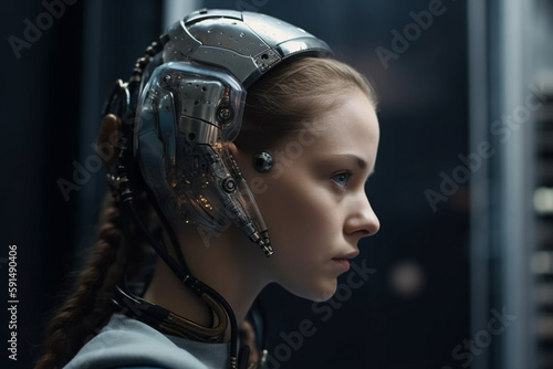 close-up side view of a young woman with humanoid android artificial intelligence body parts. Generative AI