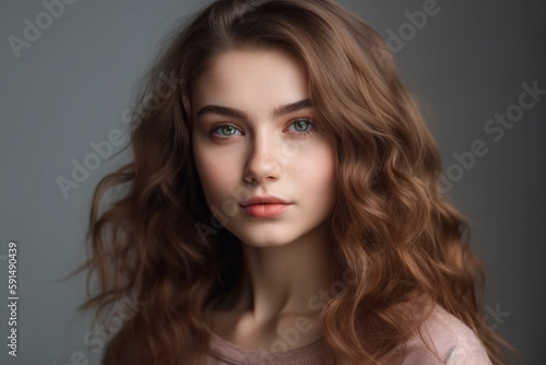 close-up portrait of a beautiful woman with brown hair. Generative AI
