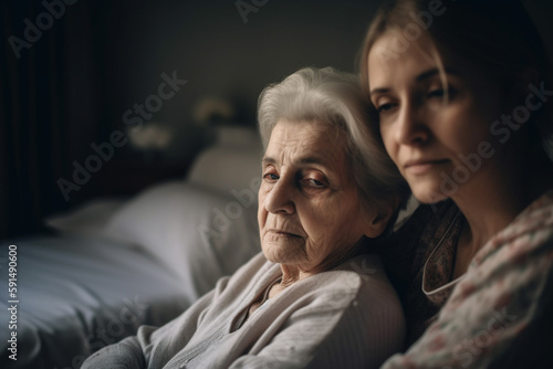 hugging a elderly woman sitting in a bed. Generative AI