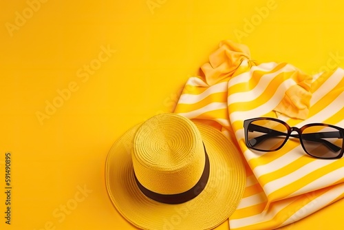 Beach accessories on the yellow background, sunglasses, towel. Generative AI.