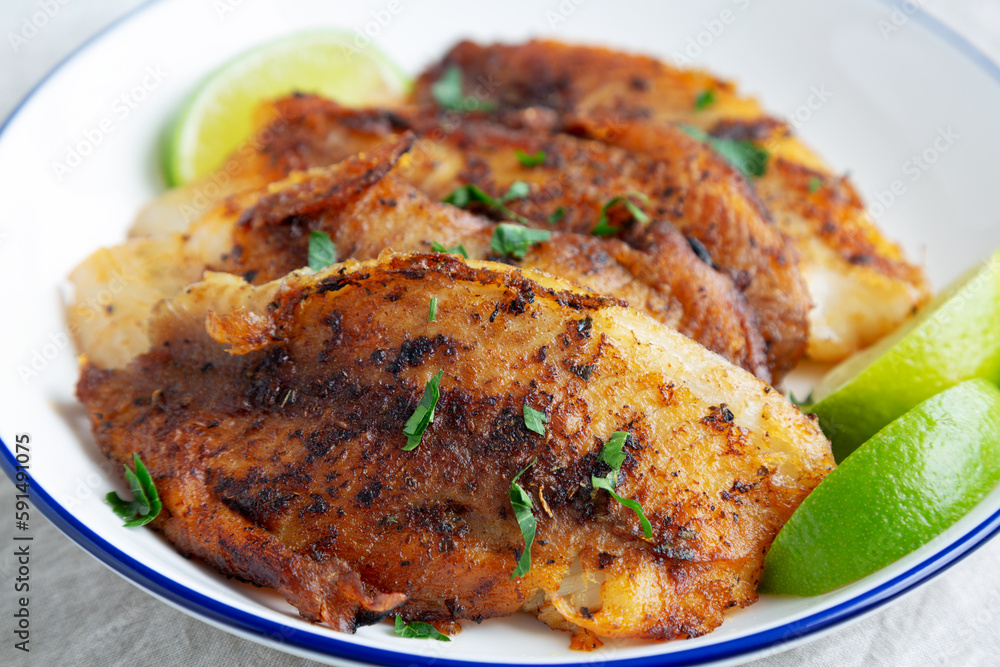 Homemade Pan Seared Tilapia on a Plate, side view. Close-up. Homemade Pan Seared Tilapia on a Plate, side view. Close-up.
