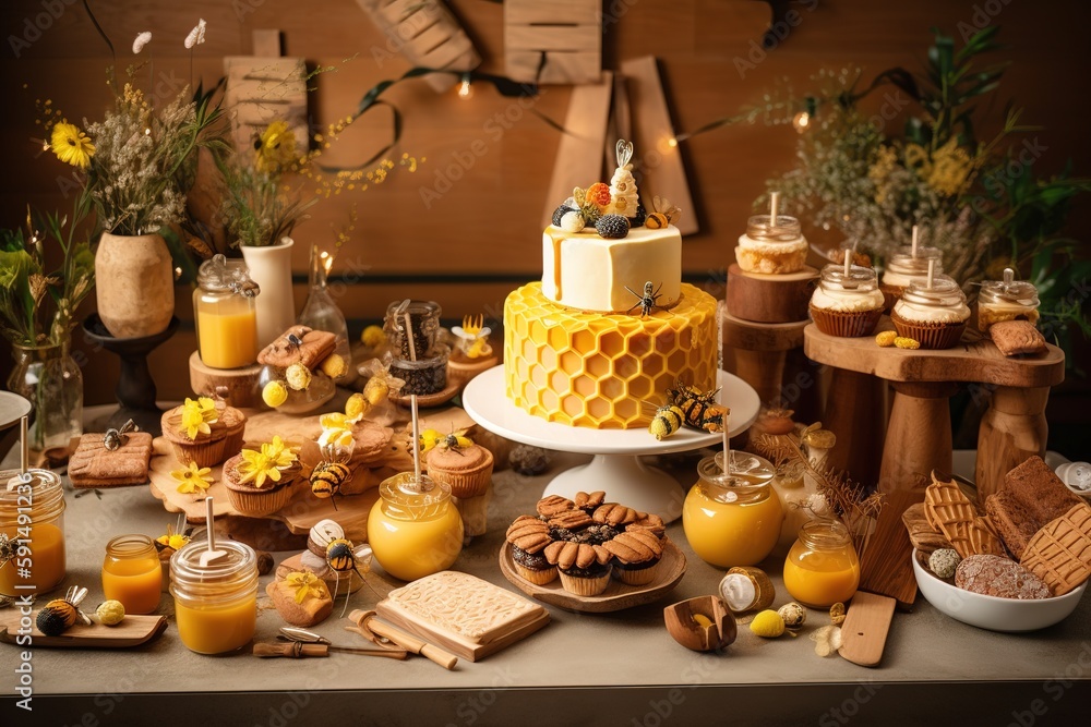 A whimsical, honey inspired dessert scene, showcasing a variety of mouthwatering sweets, bee-themed party atmosphere. Generative AI