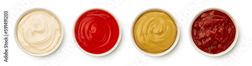 Bowls of various sauces on white background