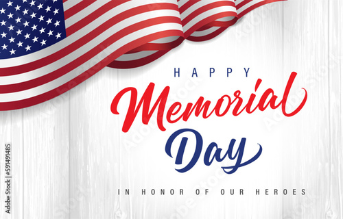 Happy Memorial Day lettering with flag USA on wooden boards. Celebration design for american holiday - In Honor of our Heroes, with USA wave flag and text. Vector illustration