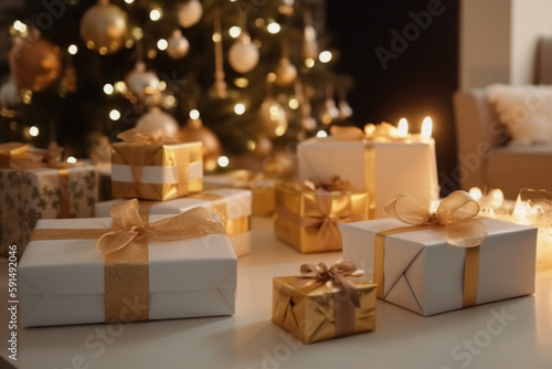 christmas presents golden red under christmas tree indoor at christmas day in a living room, festive Christmas. Generative AI