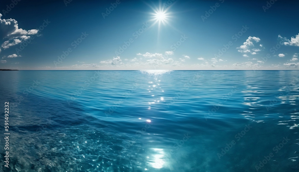 Fototapeta premium Paysage d'un océan, mer bleue avec quelques vagues du soleil et des nuages - IA générative