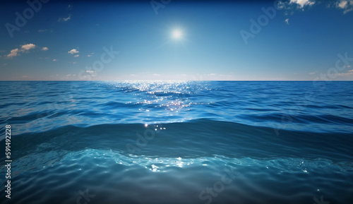 Paysage d'un océan, mer bleue avec quelques vagues du soleil et des nuages - IA générative © Artketype