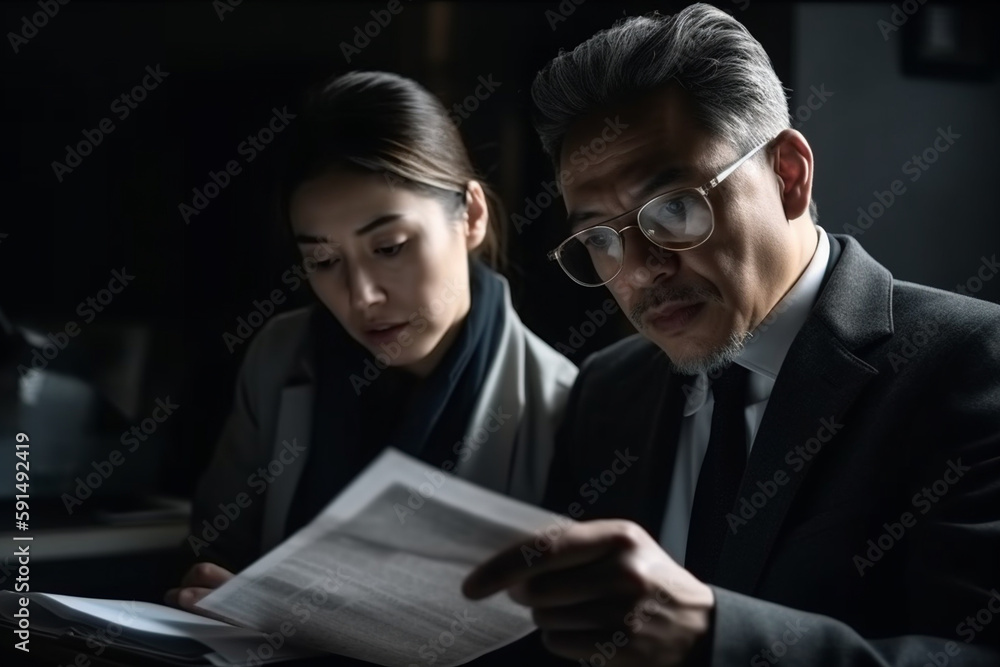 two people in a darkened room, business and work in a bad mood, overwhelmed or other reason. Generative AI two people in a darkened room, business and work in a bad mood, overwhelmed or other reason. Generative AI