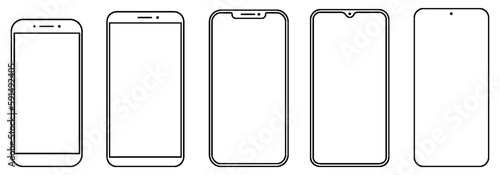 Set high quality realistic trendy different black models smartphone with empty touch screen front view icon. Detailed line mockup smartphone sign, linear model mobile phone, app, ui, ux - vector