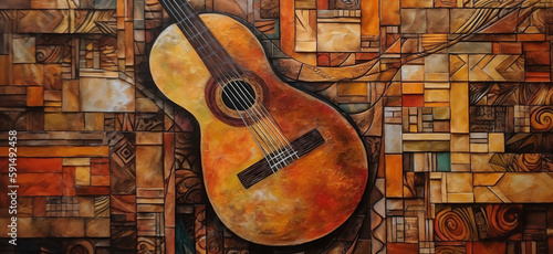 abstract painting on a wall that features various colors, in the style of wood veneer mosaics, concert poster, mayan art and architecture, brown and amber, close up, troubadour style. Created using AI