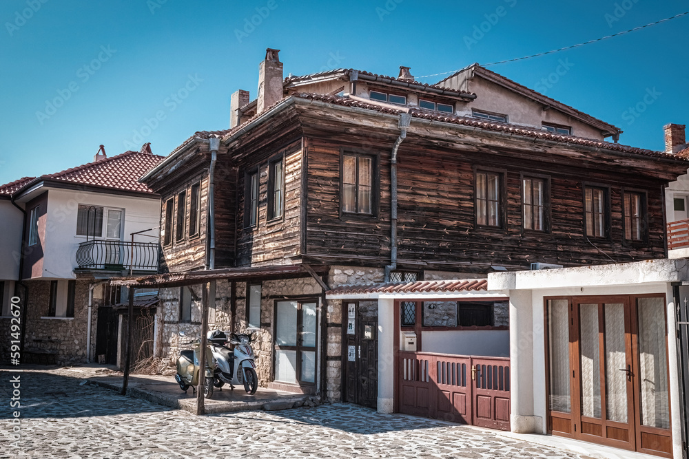 Nessebar old town street view, old stone and wooden houses in Nessebar, UNESCO Heritage site, Bulgaria
