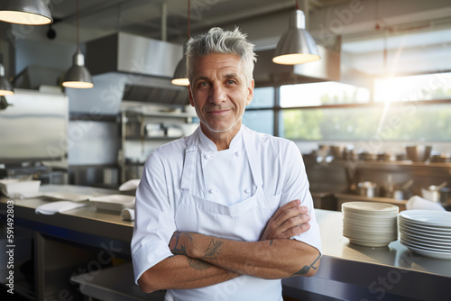 Confident owner and skilled male chef standing in his commercial kitchen with folded arms, exuding pride and happiness Fototapet