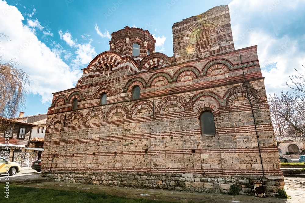 Old brick Pantocrator Church in Nessebar, Bulgaria