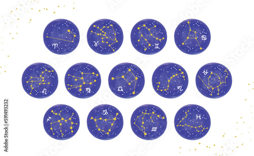 黄道13星座の星座線と手描きシンボルマークの描かれた星空のアイコンイラスト