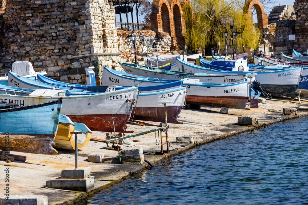 Traditional fishing boats along the coast in old Nessebar town, Bulgaria