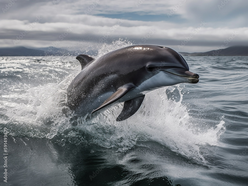 Fototapeta premium Dolphin jumping out of the sea against the backdrop of a mountainous island. Generative AI