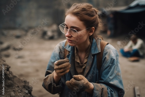 archaeologist at an excavation site, young adult woman. Generative AI photo