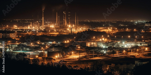 Night industrial landscape of a huge plant or factory with many small light sources. Generative AI