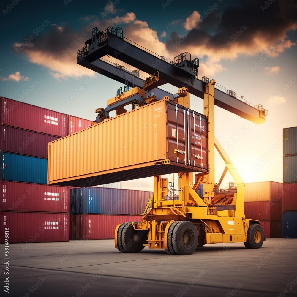 container cargo freight truck, Container stacker crane lifting up stacking container box in yard, Container loading cargo freight in import and export business logistic company, Industry logistic. gen
