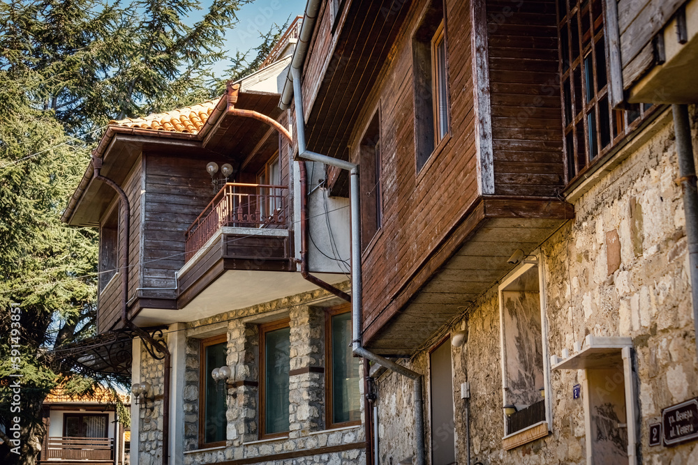 Nessebar old town street view, old stone and wooden houses in Nessebar, UNESCO Heritage site, Bulgaria Nessebar old town street view, old stone and wooden houses in Nessebar, UNESCO Heritage site, Bulgaria