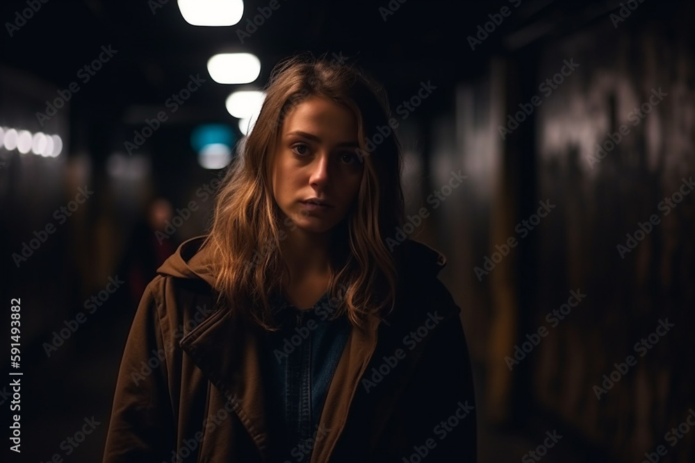 Young adult woman with a tired or listless expression on her face in a dark underpass or other fictional location. Generative AI