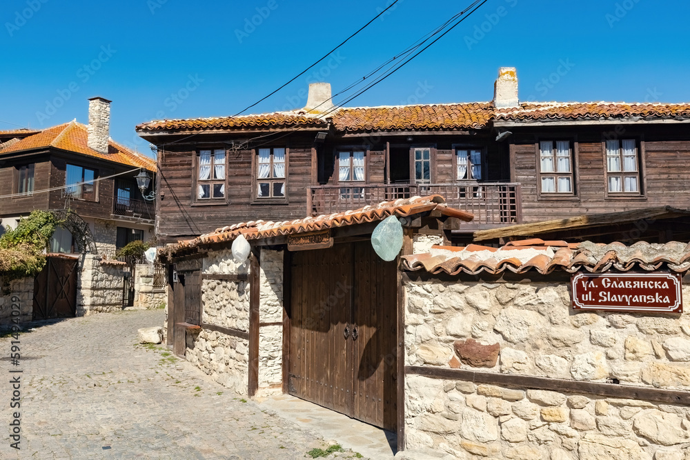 Nessebar old town street view, old stone and wooden houses in Nessebar, UNESCO Heritage site, Bulgaria Nessebar old town street view, old stone and wooden houses in Nessebar, UNESCO Heritage site, Bulgaria